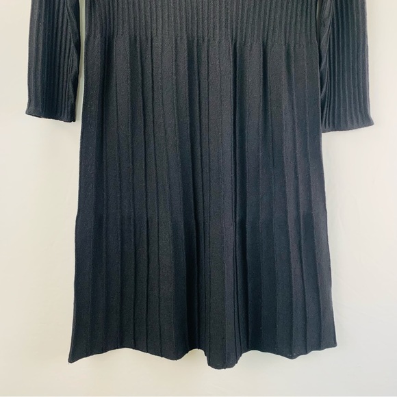 Eileen Fisher Wool Scoop Neck Pleated Ribbed Fit Flare 7/8 Sleeve Dress Black - Picture 4 of 11